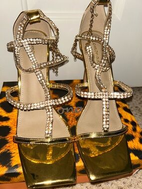 Embellished Gold Rhinestone Strappy High Heel Sandals